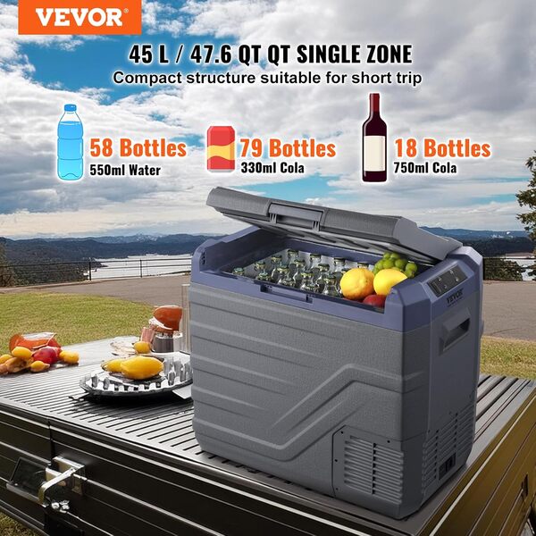 VEVOR Réfrigérateur Portable à Compression 45 L, Mini Frigo de Voiture 12/24 V CC et 100-240 V CA, Glacière à Zone Unique, -20 °C à 20 °C Température Réglable, pour Camion Bateau Maison Camping