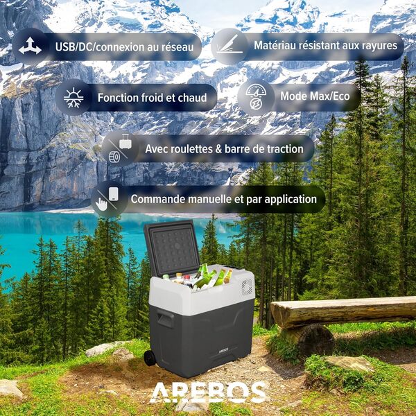 AREBOS Glacière à compresseur avec roulettes 47 litres | Glacière électrique avec Commande APP pour Refroidir, congeler et Maintenir au Chaud | Réfrigérateur jusqu'à -20 °C | Glacière pour Voiture
