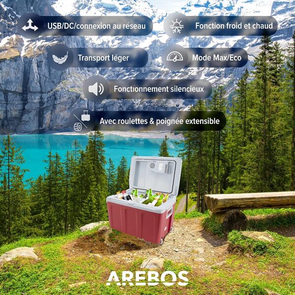 Arebos Glacière 40 litres | pour Refroidir & Maintenir au Chaud | Réfrigérateur Mobile | 12/230 V pour Voiture & Prise de Courant | Glacière électrique | Rouge [Classe énergétique E]