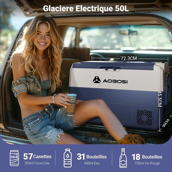 AAOBOSI Glaciere a Compression 50l, Glaciere Electrique WiFi APP, 12 V/24 V et 100-240 V, Glacière à Compression -20 ℃ à 20 ℃, Idéal pour Camping, Voiture, Camion, Bateau, Caravane, Voyage et Maison [Classe énergétique D]