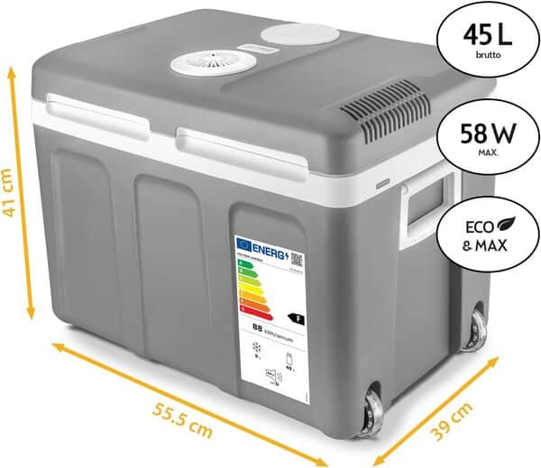 TZS First Austria Glacière électrique portable 45L, Mini réfrigérateur, 12 V et 230 V pour Voiture, Camping, Boîte Glacière, Glacière thermoélectrique avec Roulettes [Classe énergétique E]