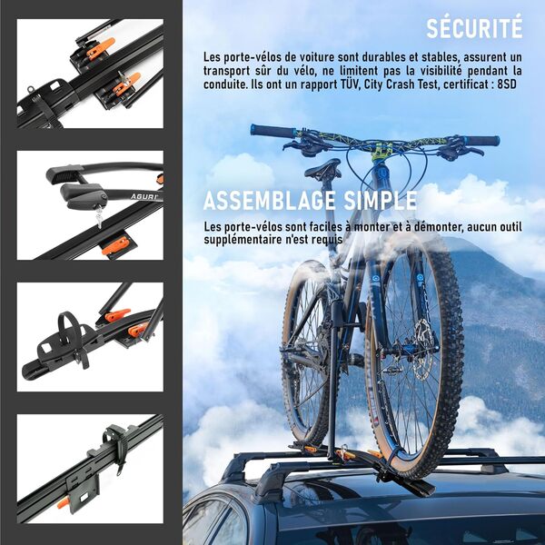AGURI ACUDA III | Porte-vélos, Porte-vélos de Toit, Support-vélos Universel pour Le Toit de la Voiture, verrouillable | Capacité de Charge jusqu'à 20 kg | Structure en Aluminium résistante | TÜV
