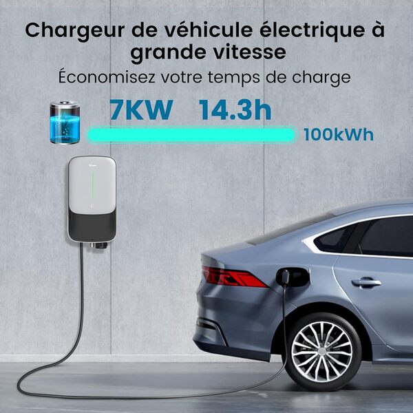 GONEO Wallbox 7kW 8A-32A Borne de Recharge Vehicule Electrique Monophasé OCPP avec Câble de Charge Type 2 5m Chargeur Ev avec Carte RFID IP65 IK10 Contrôle par App Bluetooth Ethernet