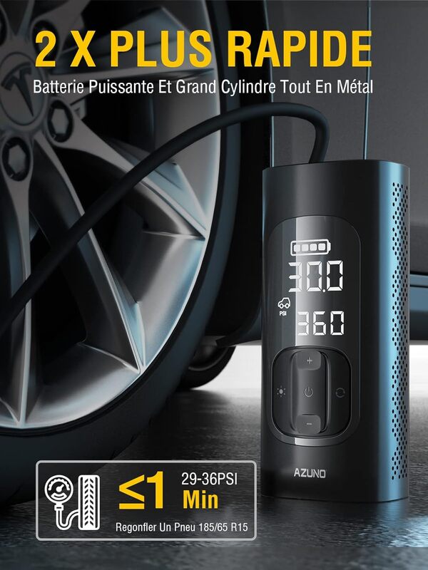 AZUNO Gonfleur Pneus Voiture compresseur à air portatif, Pompe à vélo sans Fil 7800mAh Type-C Charge, Gonfleur d'air électrique 2 Fois Plus Rapide pour Voitures, vélos, balles et Moto