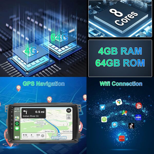 Hodozzy Autoradio 4G+64G pour Mercedes-Benz Smart Fortwo 451 2005-2010 Android 13 8 Core Écran Tactile 9 Pouces Navi GPS Carplay Android Auto Lien Miroir Radio 2 Din Bluetooth DSP WiFi FM RDS Caméra