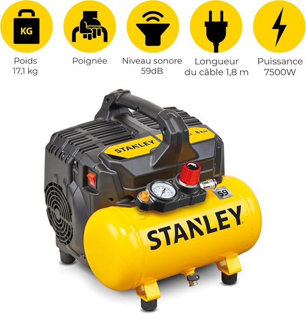 Stanley Compresseur à Air DN200/8/6 - Gonfleur Pneus Voiture 8 Bar - Compresseur Portatif avec Capacité de 6L - sans Huile 105L/Min - Avec Poignée et Pieds Antidérapants - pour Outils Pneumatiques