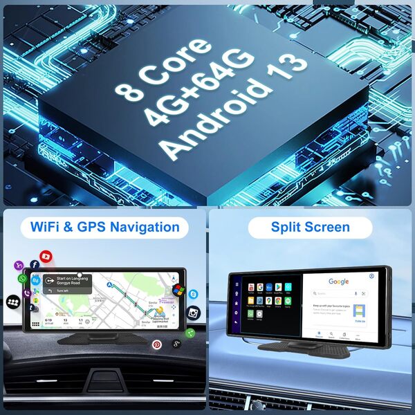 Hodozzy Android 4G 64G 8-Core sans Fil CarPlay Moniteur Android Auto Écran Voiture GPS Dash Cam Avant et Arrière Portable Autoradio Bluetooth 10,26 Pouces Écran Tactile Lien Miroir WiFi FM AUX