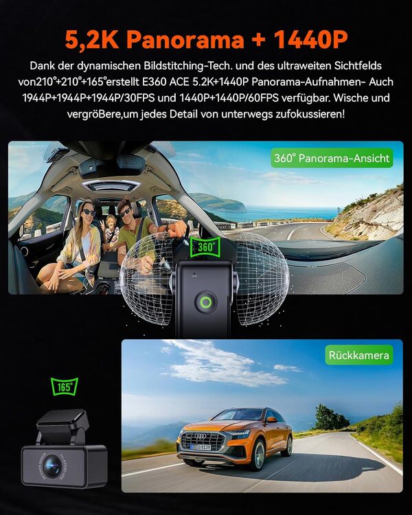 VANTRUE E360 ACE Dashcam Voiture 5.2K Panoramique, 3 Canaux 1944P+1944P+1080P STARVIS 2 Camera Embarquée 360 degrés Infrarouge, Wi-FI 5GHz GPS, Contrôle Vocal en Français, Mode Parking 24H, Max 512 G
