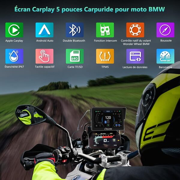 CARPURIDE W502BS Pro pour Moto BMW, CarPlay et Android Auto, Double Bluetooth, écran de Navigation étanche de 5 Pouces, Lecture de Données, Native Wonder, TPMS, Capteur de Lumière, Partage de Musique