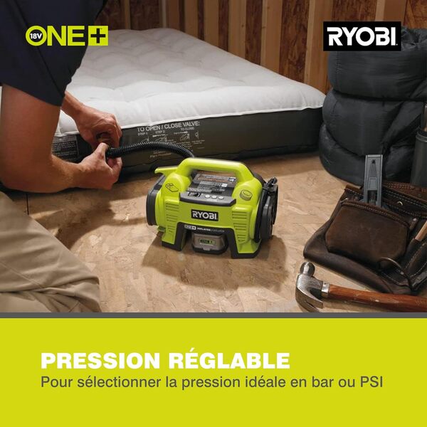 Ryobi - Compresseur - gonfleur 18V - jusqu'à 10,3 bars - Livré avec 3 embouts de gonflage + 1 batterie 2,0 Ah + 1 chargeur rapide 2,0 A - R18I-1C20GZL