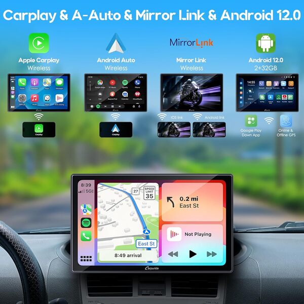 CARPURIDE W901 Plus, CarPlay & Android Auto et GPS Intégré, Système Android 12 avec 2+32 Go, écran CarPlay HD 9 Pouces avec Antireflet pour Voiture, G00GLE Play, Audio Bluetooth, Mirror Link, GPS, FM
