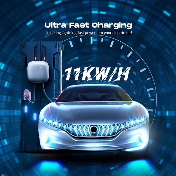 VDL POWER Borne de Recharge Vehicule Electrique,11KW Chargeur Voiture Electrique Type 2,Courant Réglable 10/13/16A, avec APP Prend en Charge, Câble de 5M, IP65 étanche, EU IEC 62196-2