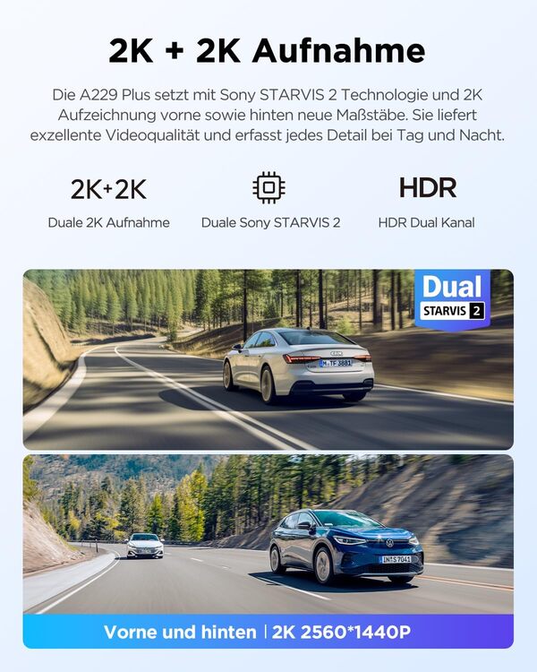 VIOFO A229 Plus Caméra embarquée 2K + 2K Dual Starvis 2, HDR avant arrière, commande vocale et Wi-Fi 5 GHz, GPS ultra précis, super vision nocturne 2.0, grand écran LCD 2,4