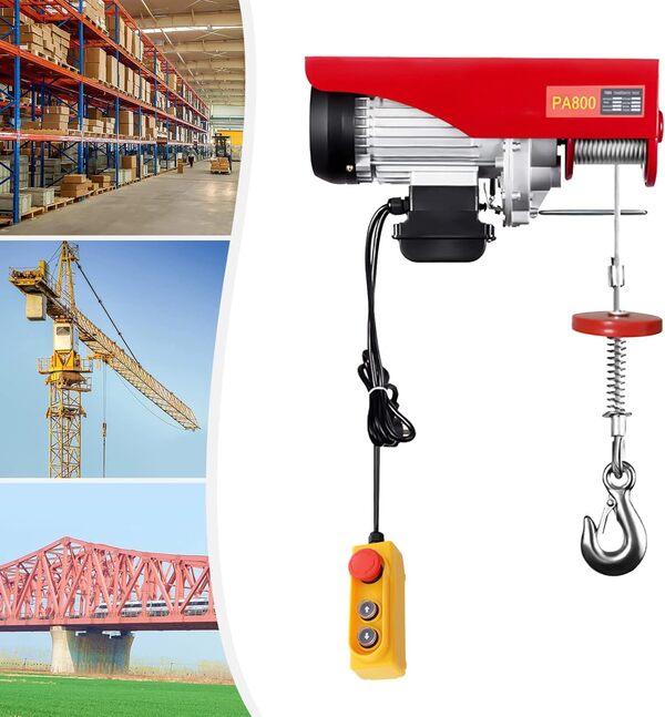 Treuil électrique 800 kg 1300 W Palan électrique avec interrupteur d'arrêt d'urgence, arrêt de fin de grue treuil 6 à 12 m de hauteur de levage treuil pour ateliers, garages et usines