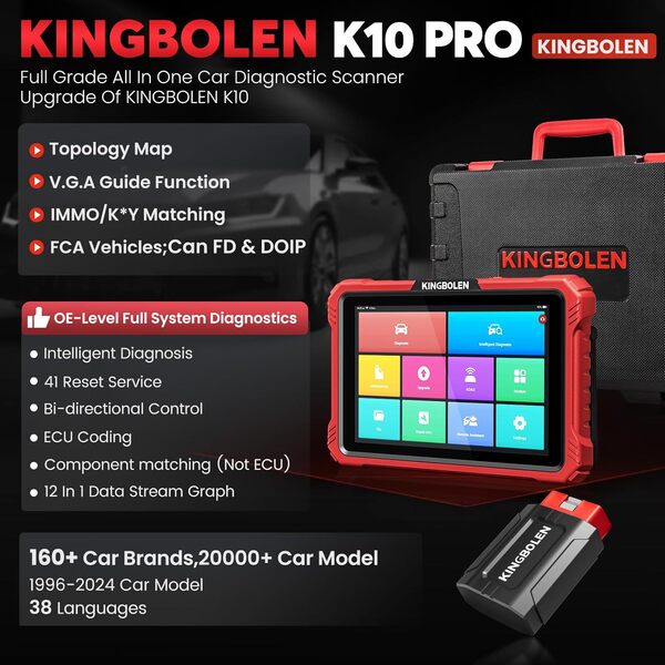 KINGBOLEN Valise Diagnostic Auto K10 Pro, OBD2 Diagnostic français pour système Complet avec 50+ Réinitialisations, Codes ECU, Contrôle Bidirectionnel, Diagramme Topologique, CANFD&DOIP