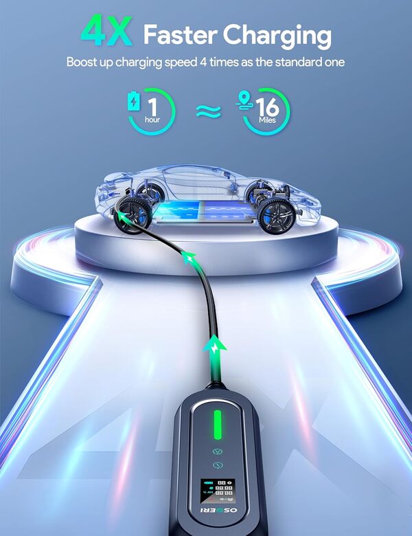 Osoeri EV Chargeur Type 2, 3.68KW Portable Chargeur Voiture Électrique 6/8/10/13/16A Courant Commutable avec LCD, 7.7M Charge Temporisée, IP66 Étanche Cable Recharge EV avec Sac