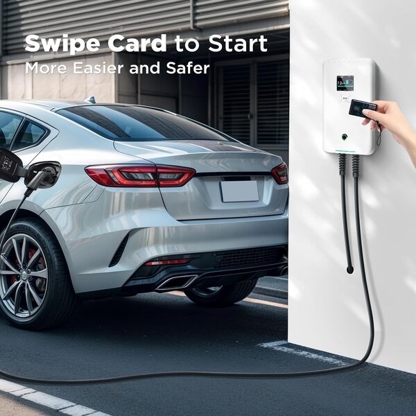 Morec Borne de Recharge pour véhicule électrique 7KW Type 2 Chargeur Mural EV pour Tous Les véhicules électriques et Hybrides Rechargeables, câble de 6m avec contrôle par Cinq Cartes RFID