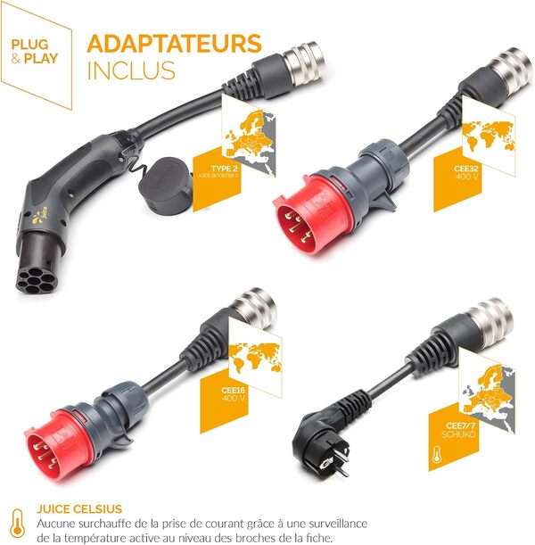 Juice Booster 2 - Chargeur Voiture Électrique Portable, Borne de Recharge Mobile 22kW avec Câble Type 2, Étanche IP67, Protection Température, Parfait pour Usage Domestique et Déplacements