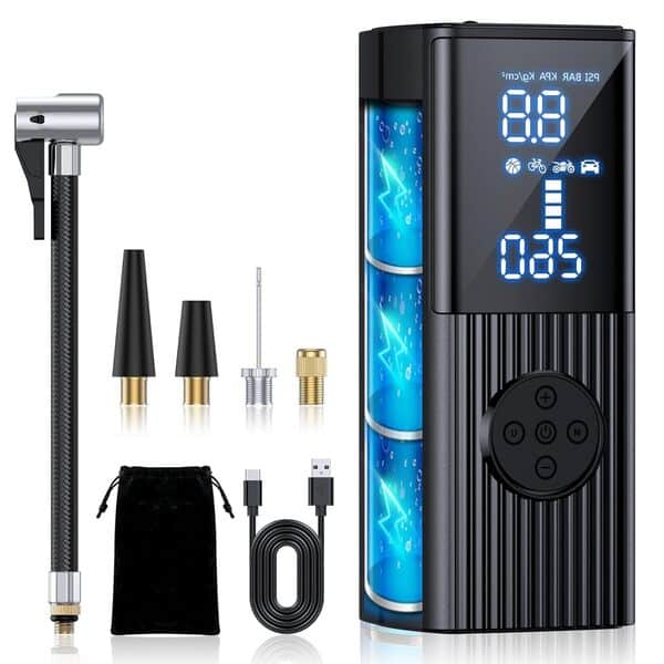 Gonfleur de pneu portable - 180 PSI et 20 000 mAh - Écran LCD à pression précise, gonflage rapide 3 fois pour voitures, vélos et motos, pneus et balles