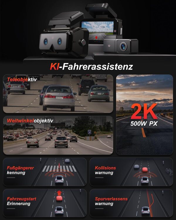 Akeeyo Eyes Dashcam Voiture Avant Arrière, 2K 3 Canaux, Assistance Adas Bsd AI, Grand Angle, Téléobjectif, WiFi 5G, GPS, Application Contrôle, Ecran LED 4 Pouces