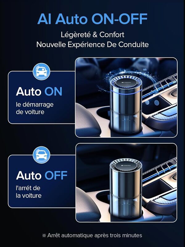 Desodorisant Voiture Ceeniu CF3, 135ml Parfum Naturel, Dure 4-8 Mois, Lumière Ambiante Silencieuse, Concentration Réglable, Auto On/Off, Batterie Intégrée, Car Air Freshener, Vacances Romaines