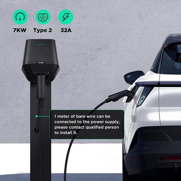 WISSENERGY Wallbox 7KW pour Véhicule Électrique, Monophasé 32A | 24A | 16A | 240v avec Débouché Type 2, Borne de Recharge Véhicule Électrique pour EVs PHEVs Entrée Type 1 | Type 2
