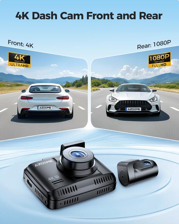 AZDOME 4K Dashcam Voiture Avant Arrière, WiFi Caméra Embarquée Voiture avec Carte SD 64G, Camera Voiture Grand Angle 170°, Vision Nocturne, WDR,G-Capteur, Mode Stationnement 24H, GS63H Pro