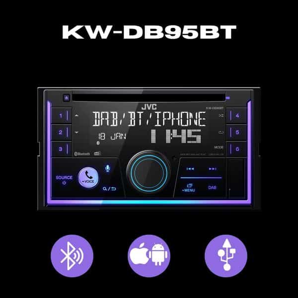JVC autoradio 2DIN, CD, USB, iPod, Bluetooth, Dab+, KW-DB95BT Noir