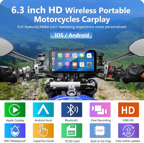 Carpuride W603D Autoradio sans Fil Carplay et Android Auto avec Caméra Embarquée 4K, écran Tactile IPS Portable 6,3