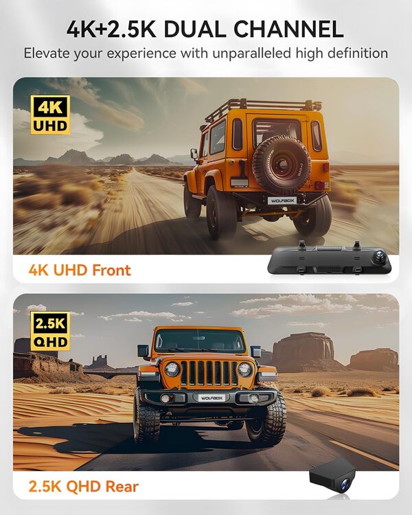 WOLFBOX Caméra de rétroviseur de Voiture 4K + 2.5K avec écran Tactile Complet de 12