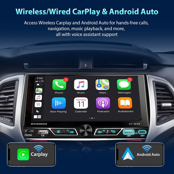 Alondy Autoradio 2 DIN avec écran Tactile de 6,8 Pouces Compatible avec Wireless Apple CarPlay/Android Auto Bluetooth Caméra de recul AM/FM RDS Radio Type-C USB Charge Rapide 2,1A