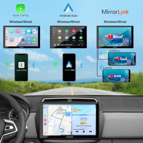Carpuride YT09S Double Din Autoradio - CarPlay et Android Auto sans Fil avec Caméra de Recul, écran Tactile HD 9