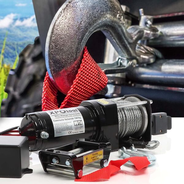 XPOtool Treuil électrique - 1,5 CV / 12 V - Traction jusqu’à 1587 kg - Hauteur de levage max. 10 m - Cabestan à câble 10,5 m commande à une main - Outil Levage