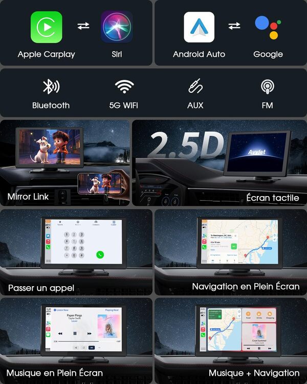 Autoradio sans Fil 9'' Apple Carplay Voiture, Dashcam 4K, Caméra Arrière 1080P, Commande Vocale, Écran Tactile, Android Auto, Navigation GPS, Radio Bluetooth, Mirror Link/AUX/FM/avec 64Go SD Carte