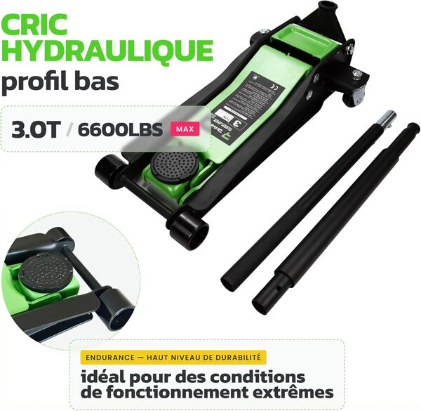 DRIVEUPTOOLS Cric hydraulique Extra Plat 3T pour Voiture - Chariot hydraulique à Double Piston 75-500 mm - Capacité jusqu'à 3000 kg