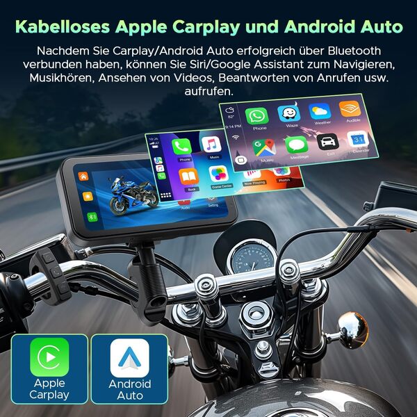 Lamto Écran Carplay sans Fil pour Moto, Portable CarPlay et Android Auto pour Moto,Écran Tactile Étanche IPS de 6,25 Pouces avec Bluetooth 5.0,Navigation/Siri/G00gle pour Les Motos