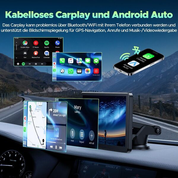 Lamto sans Fil CarPlay pour Apple Car Play &Android Auto,Écran Tactile IPS de 7 Pouces Voiture Stéréo,ecran carplay Voiture,Autoradio Portable avec Mirror Link/Bluetooth/Siri/Goo-gle GPS Navigation