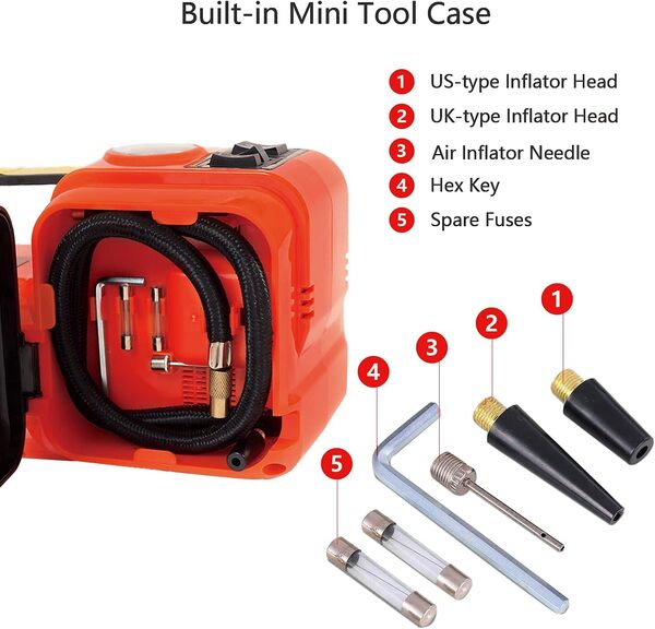 E-HEELP Cric de Voiture électrique 5 tonnes 12 V - Kit de cric hydraulique (portée de Levage : 15.5 à 44.5 cm) avec gonfleur - Cric électrique pour Voiture, SUV, berline, Garage, réparation d'urgence