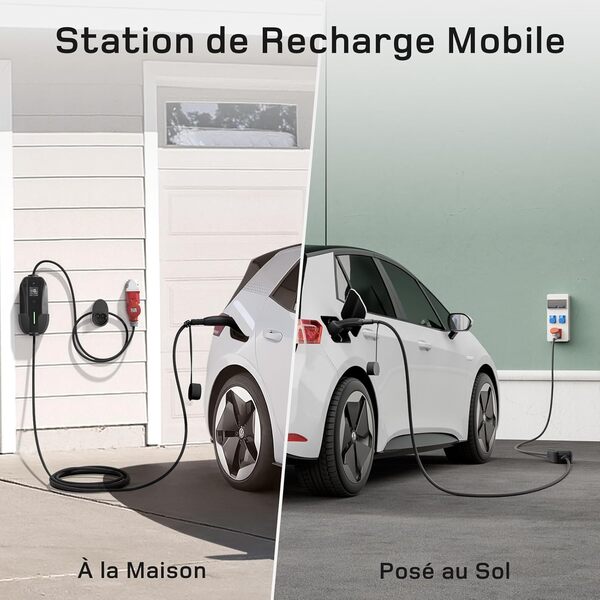 Chargeur Voiture Electrique 11kW 7m, Triphasé, 6-16A, dé Type 2 Prise CEE Chargeur EV Station de Charge Mobile/Wallbox avec Schuko à CEE Adapateur, écran Numérique