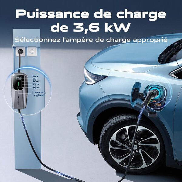 VDLPOWEREU Chargeur Voiture Electrique,3.6KW/5M EV Chargeur Type 2, Écran Tactile LED, Cable Recharge Véhicule Electrique 6-16A avec EU Schuko Prise, Borne de Recharge Monophasé IP65 (IEC 62196-2)