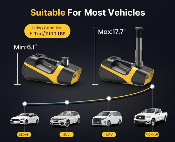 TaskStar Cric Hydraulique 5 Tonnes 3 Tonnes, électrique Cric Voiture 12 V avec Pompe à air et écran LCD, pour SUV, camions, d'urgence, Changement de pneus, réparation de Garage (Portée:15,5-45 cm)