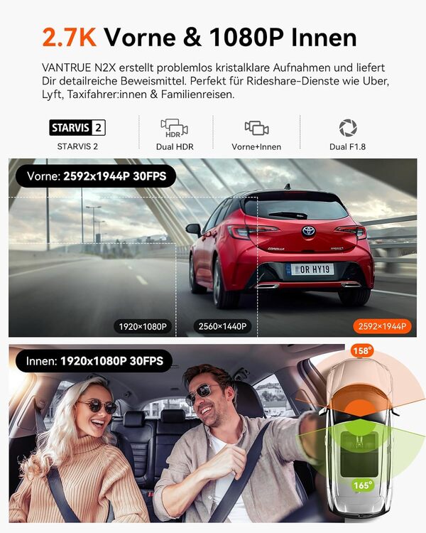 VANTRUE N2X 2.7K+1080P Dashcam Voiture Avant Intérieur, STARVIS 2 Double HDR Camera Embarquée Infrarouge, Support LTE, 5GHz WiFi GPS, APP & Commande Vocale Français, 24/7 Mode Parking, Max 512Go