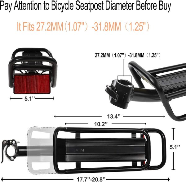 YONTUO Porte-vélo arrière avec dégagement Rapide, Porte-Bagages de vélo rétractable en Alliage d'aluminium, Cadre épais et Tube Principal pour Cadres de 7,8 à 7,3 m, Poids Maximum 10 kg