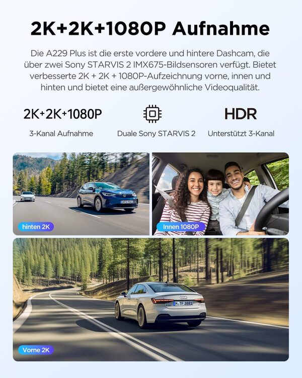 VIOFO A229 Plus 3 objectifs 2K + 2K + 1080P, Dual Starvis 2, HDR avant arrière Dashcam de voiture, commande vocale et caméra de voiture Wi-Fi 5 GHz, GPS ultra précis, super vision nocturne 2.0, sortie