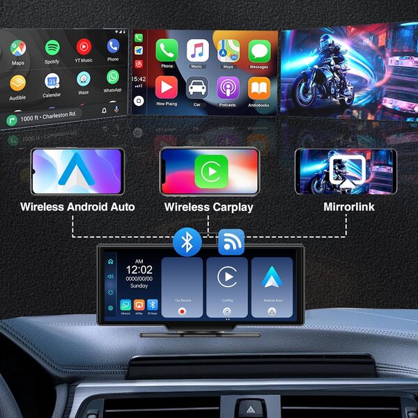 SCUMAXCON 10,26 Pouces sans Fil Carplay Android Auto Wireless Écran Tactile IPS Airplay 4K Caméra de recul 1080P GPS Navigation Bluetooth FM Console Centrale Lecteur multimédia Haut-Parleur intégré