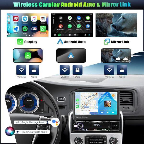 CAMECHO Autoradio 1 Din avec sans Fil Carplay, 7 Pouces Écran Tactile Bluetooth Radio Manuel Rétractable avec Android Auto Mirror Link FM/AM RDS Commandes au Volant USB/AUX +Caméra de Recul