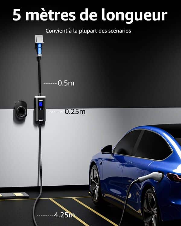 bokman Borne de Recharge Voiture Electrique 7kW, 6-32A | 7,4kW | 5 Mètre Type 2- Prise CEE P17 Portable EV Chargeur Station de Charge Mobile/Wallbox Ajustable