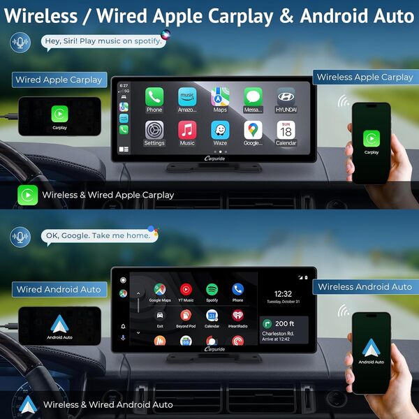 Carpuride W103 Pro avec Transmission sans Fil Bluetooth Système Audio Portable Carplay et Andorid Auto, écran Tactile 10,3 Pouces 1080P, Mirror Link/GPS/Siri/FM/G00gle