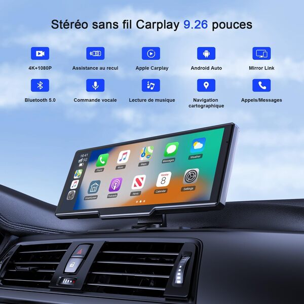 Autoradio sans Fil 9,26'' Apple Carplay Voiture, Dashcam 4K, Caméra Arrière 1080P, Commande Vocale, Écran Tactile, Android Auto, Navigation GPS, Radio Bluetooth, Mirror Link/AUX/FM/avec 64Go Carte