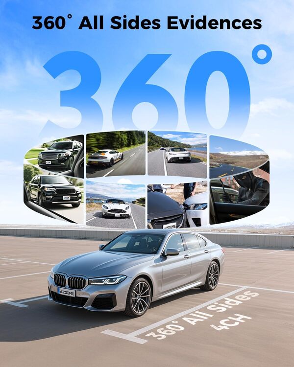 AZDOME 4-Canaux Dashcam Voiture, 360 degrés Camera Voiture Avant Arriere avec 128GB eMMC, 2.5K+3x1080P Caméra avec 5G WiFi GPS, Vision Nocturne IR, Contrôle Vocale, Mode Stationnement 24H (M660)